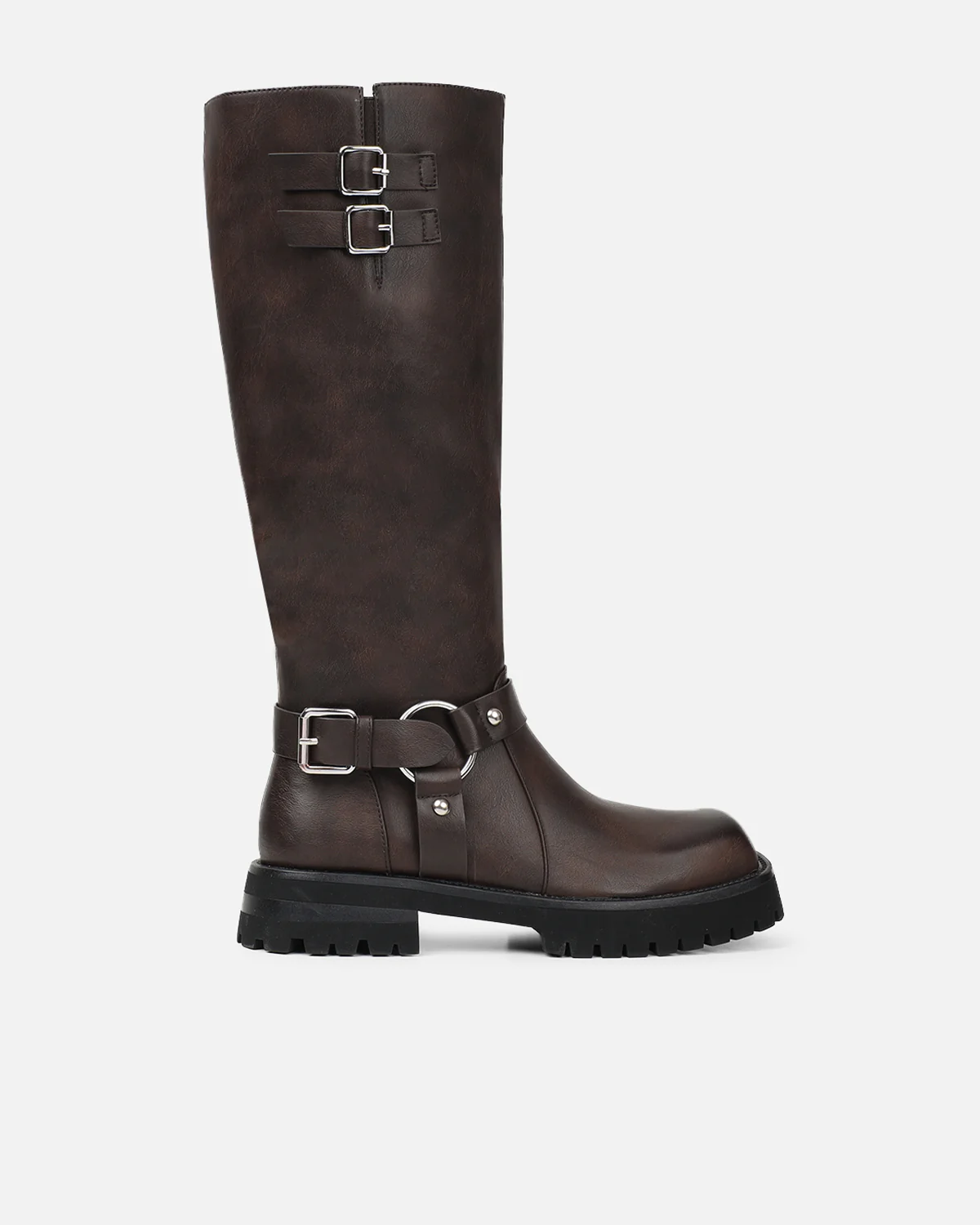 Benton Vintage Brown Knee High Chunky Biker Boots - Image 3