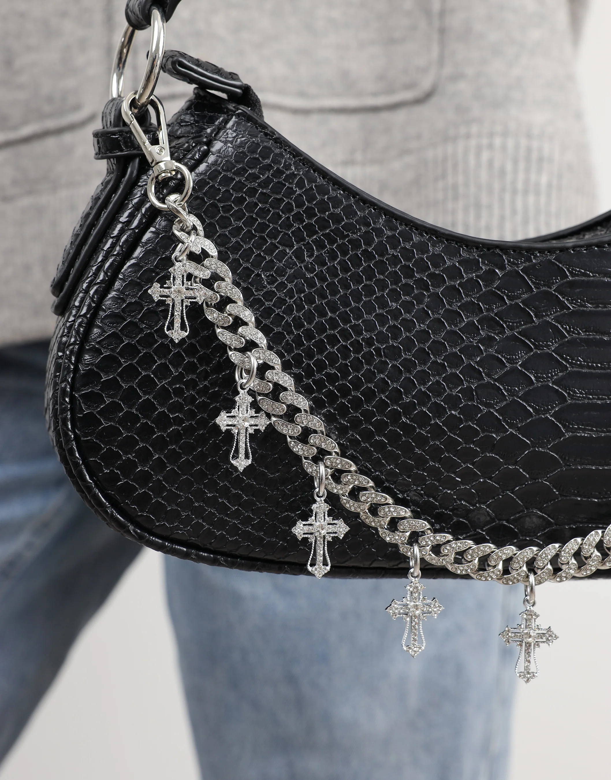 Carmine Black Snake Effect Diamante Cross Chain Shoulder Bag - Image 3