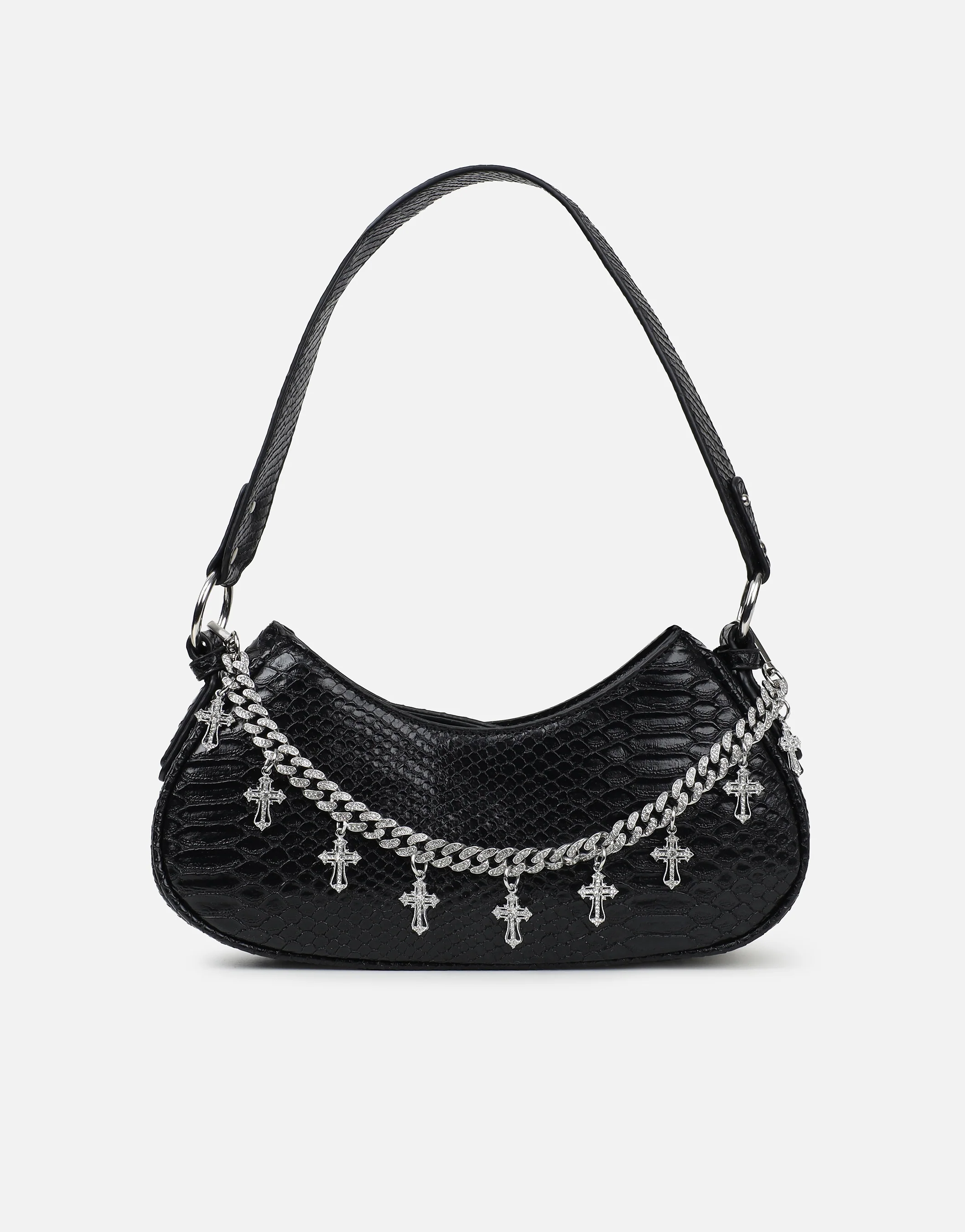 Carmine Black Snake Effect Diamante Cross Chain Shoulder Bag - Image 4