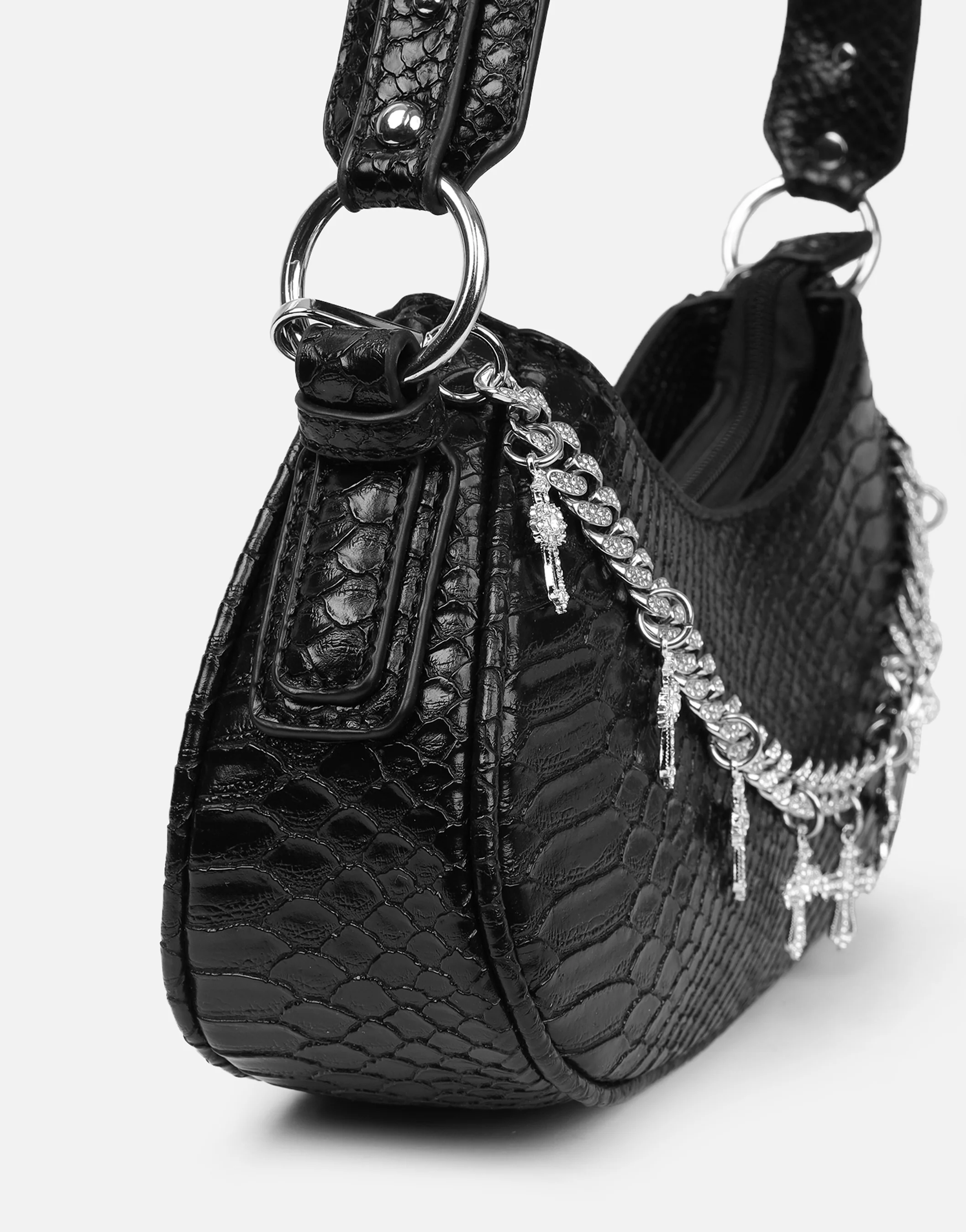 Carmine Black Snake Effect Diamante Cross Chain Shoulder Bag - Image 5