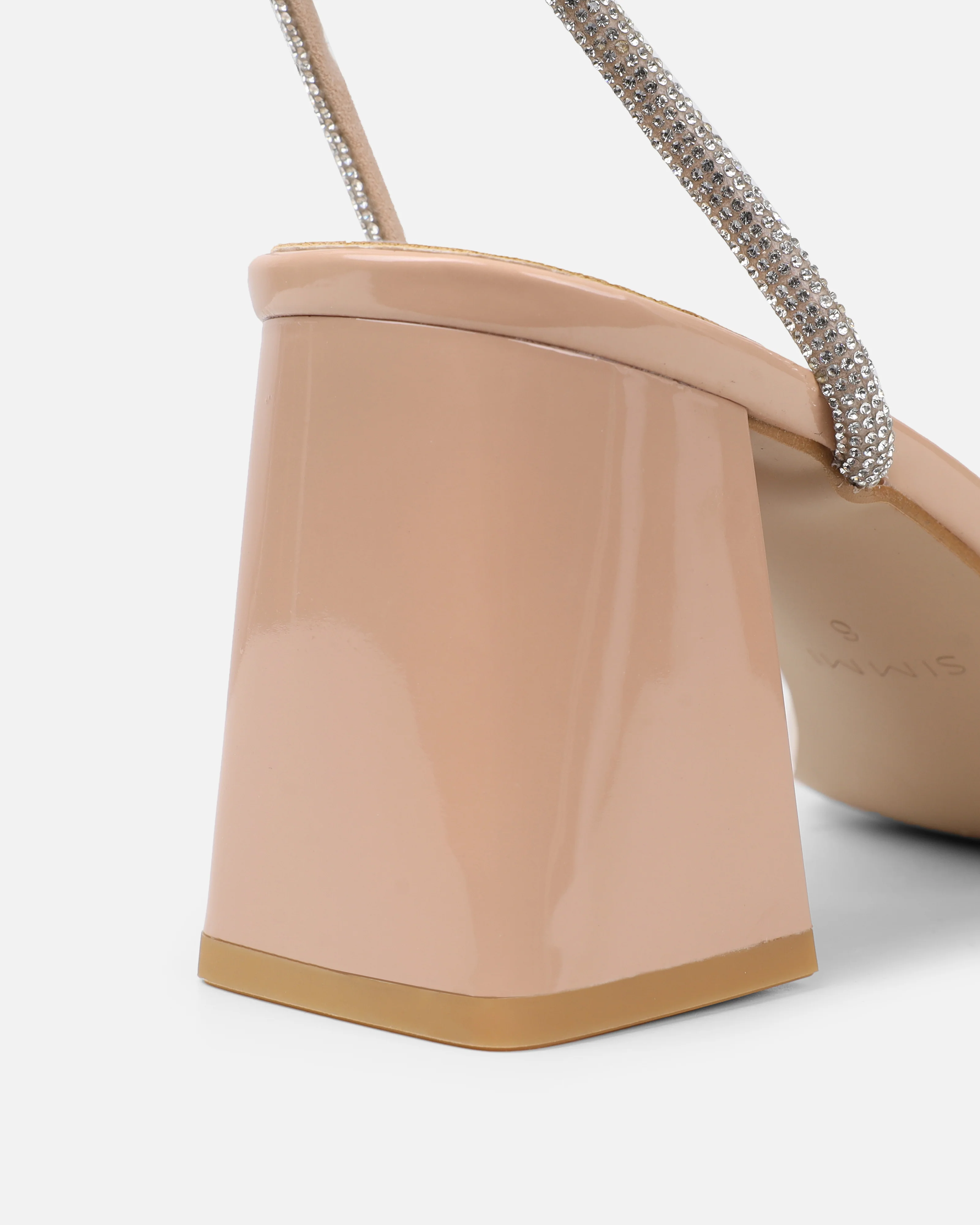 Ciel Nude Patent Diamante Low Block Heeled Sandals - Image 3
