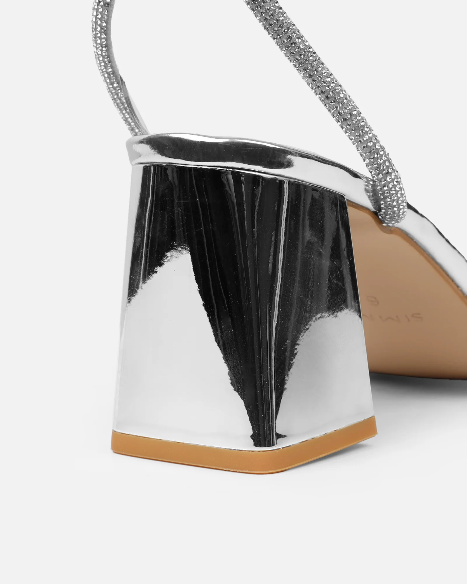 Ciel Silver Mirror Diamante Low Block Heeled Sandals - Image 3