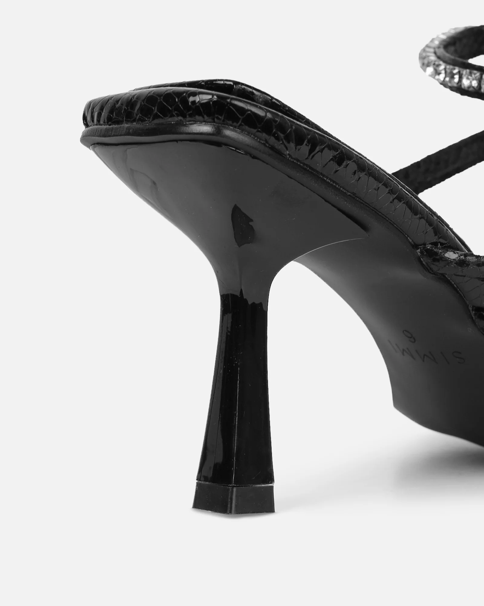 Freesia Black Faux Snake Print Toe Post Ankle Coil Mid Heels - Image 3