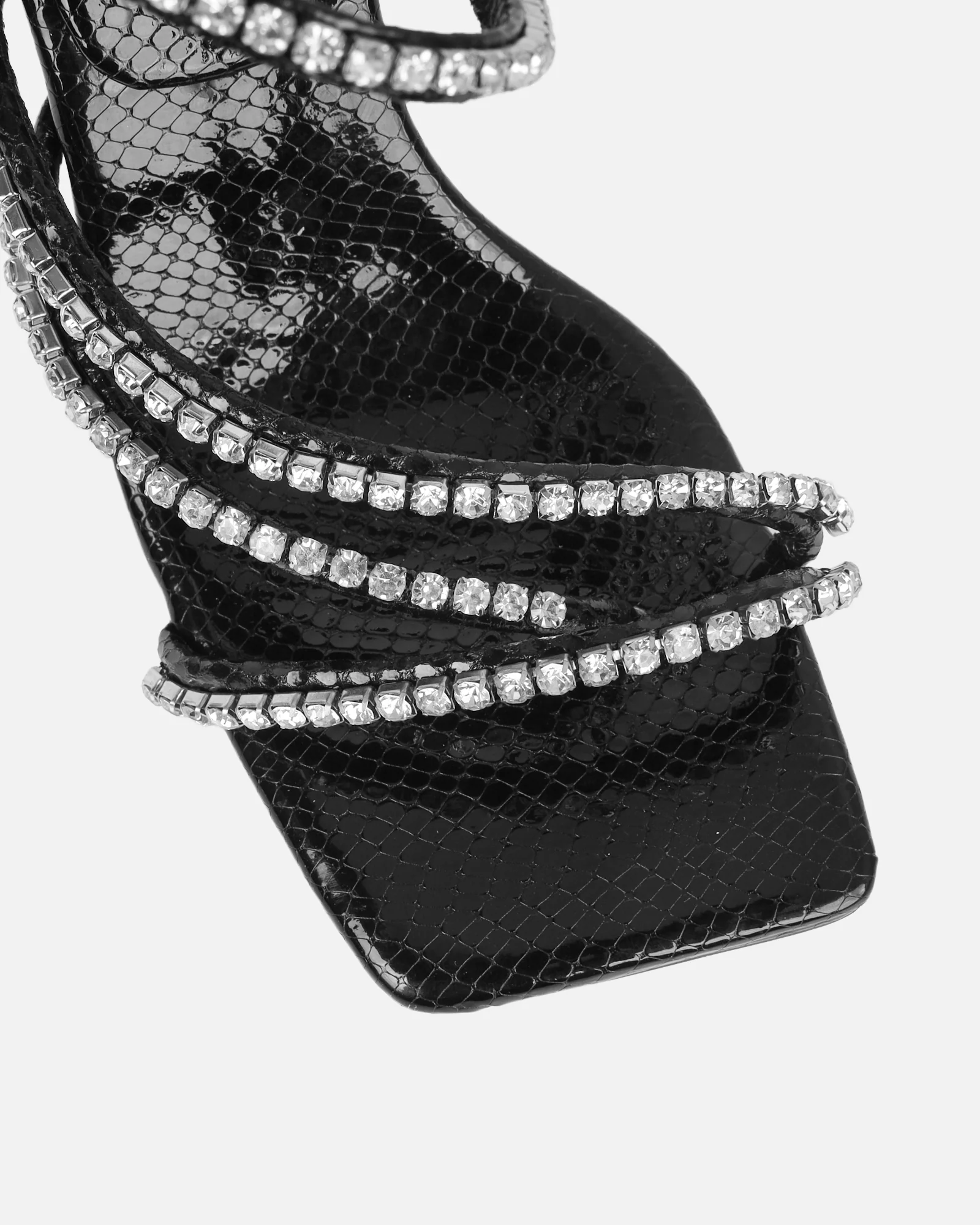 Freesia Black Faux Snake Print Toe Post Ankle Coil Mid Heels - Image 4