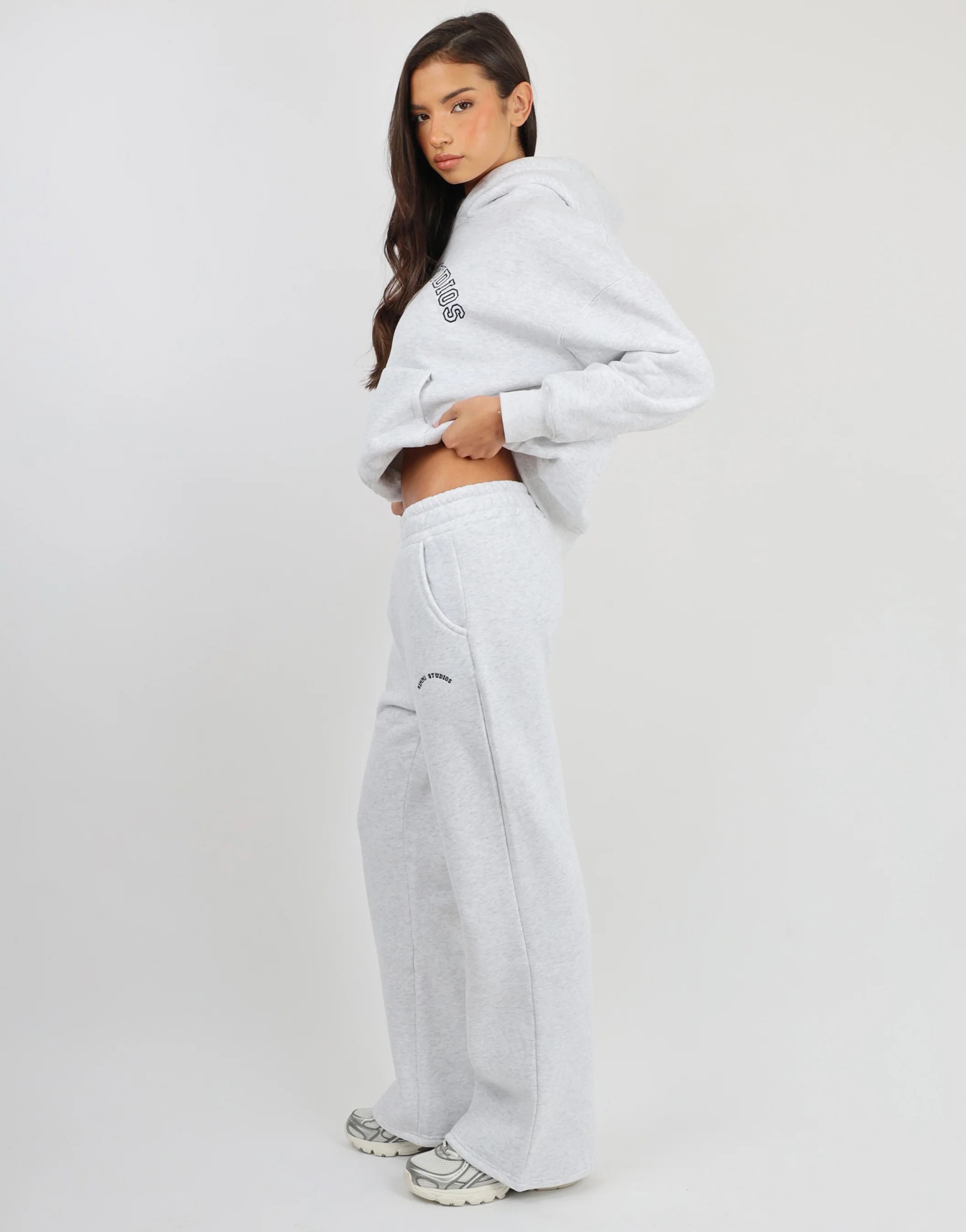 Maeve Simmi Studios Varsity Slogan Hoodie in Pebble Grey - Image 3