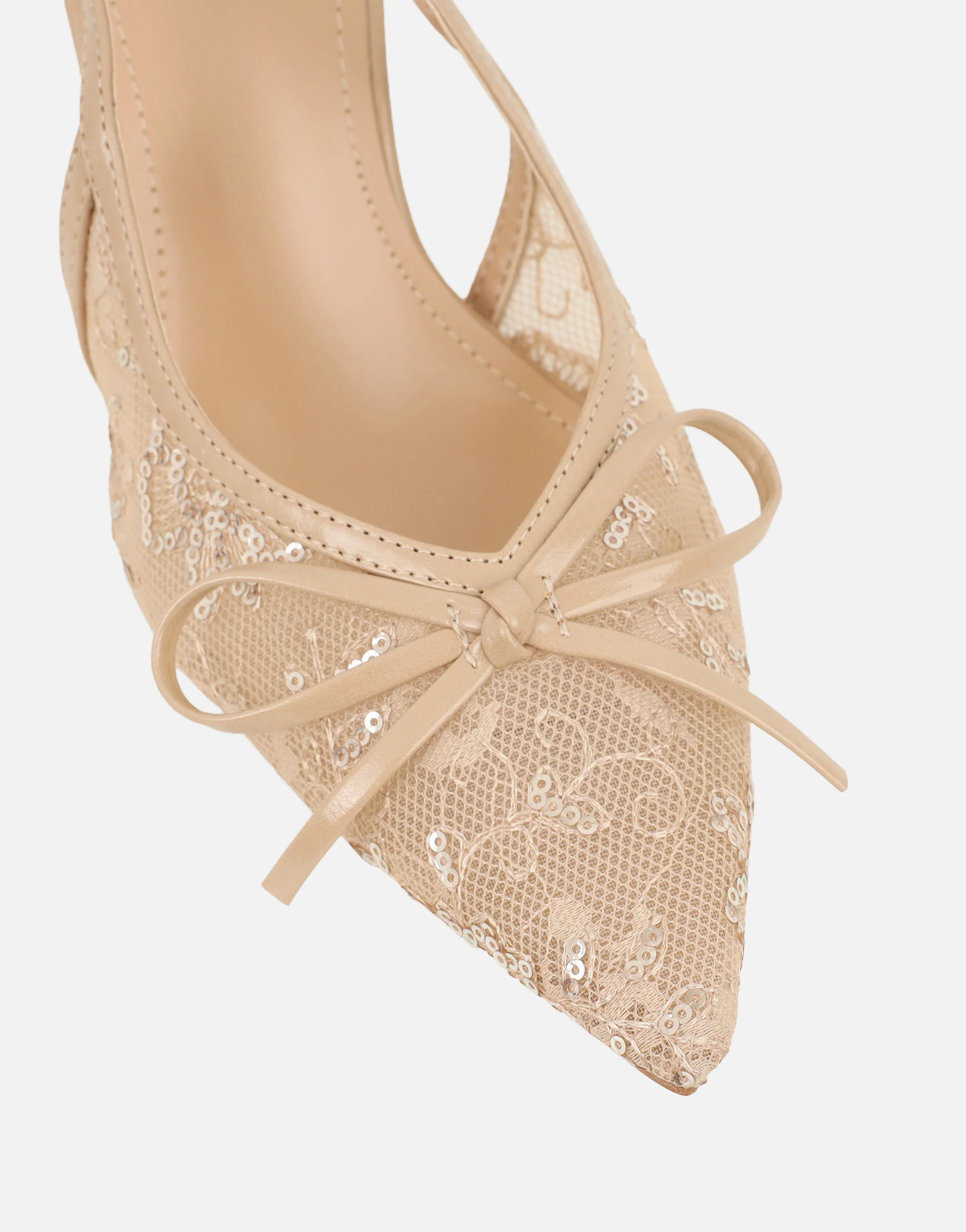 Saskia Beige Mesh Bow Detail Slingback Courts - Image 4